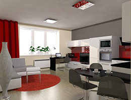 Obývací pokoj s kuchyní je navržen pro studentku, která si přála černo-bílou kombinaci nábytku ve vysokém lesku. Aby místnost nevypadala příliš neosobně, rozzářili jsme ji červenými doplňky. 