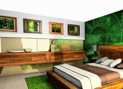 Ložnice v asijském duchu pro moderního vytíženého muže, kde nechybí exotické dřeviny, ale také stylová tapeta za postelí.